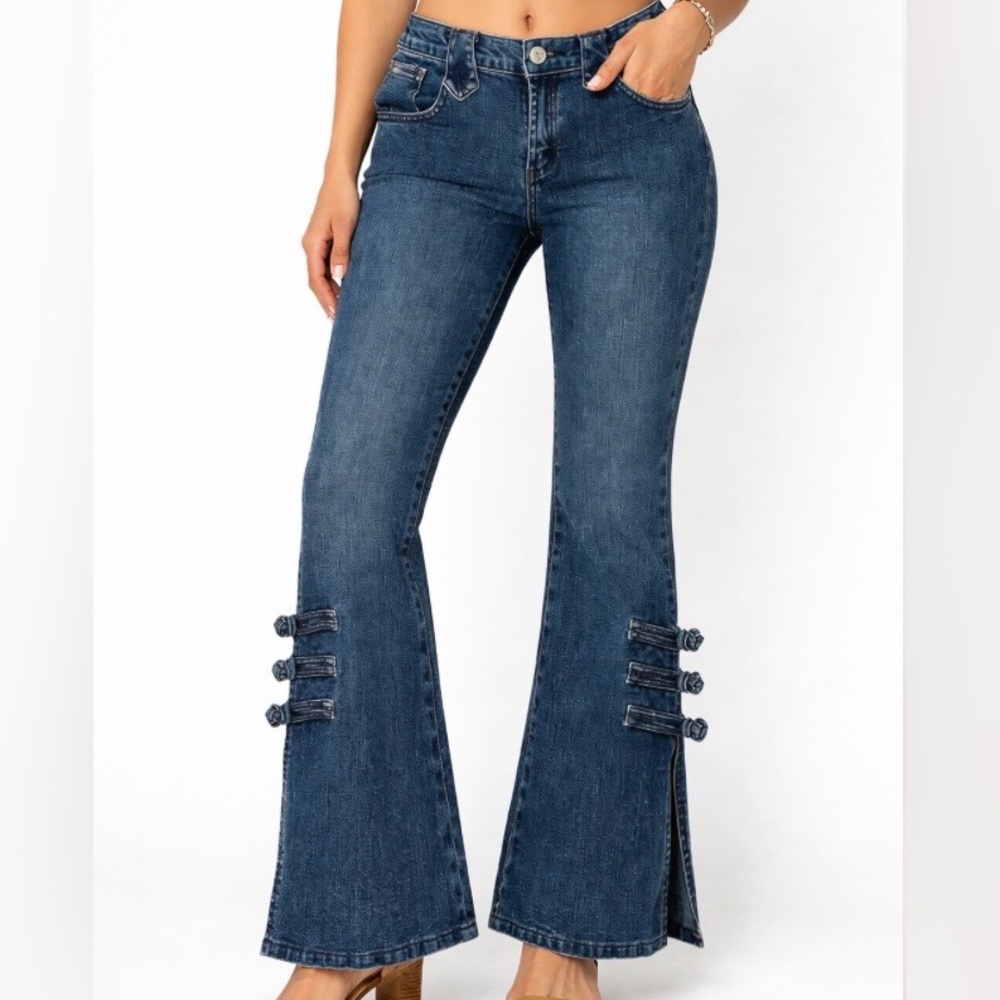 Y2K 90s Embroidered Hippie Jeans Boho Low Rise Size 28 Side Slit Flare Pant